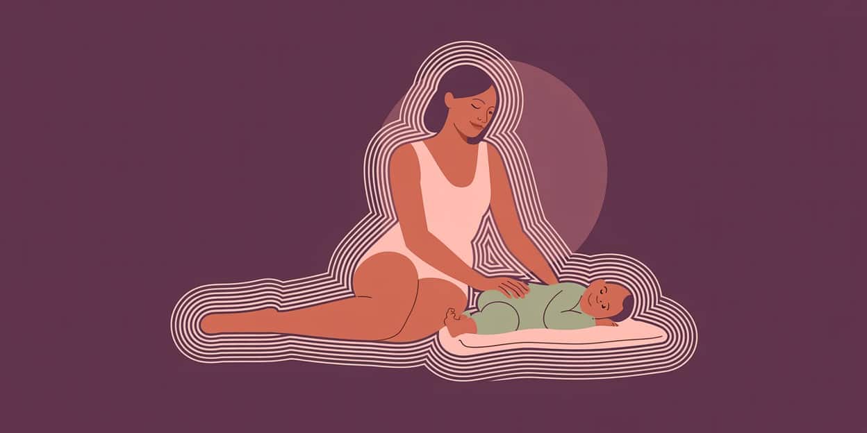 Woman sitting on the floor with her baby lying on a blanket in front of her
