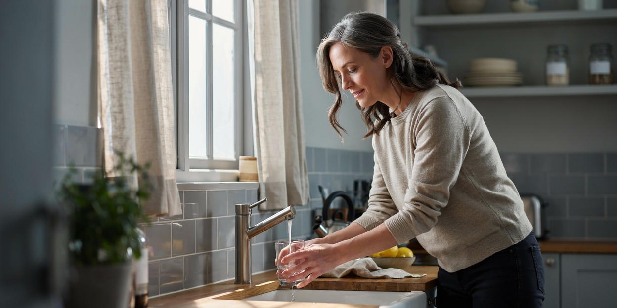 Woman in her early fifties filling a glass of water at a kitchen tap in early morning light